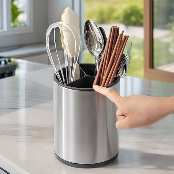 Utensil Holder Countertop,Utensil Caddy,Kitchen Utensil Holder Counter,7*5IN DV Stainless Steel Rotating Cooking,3 Compartment,360Rotating(Gray)
