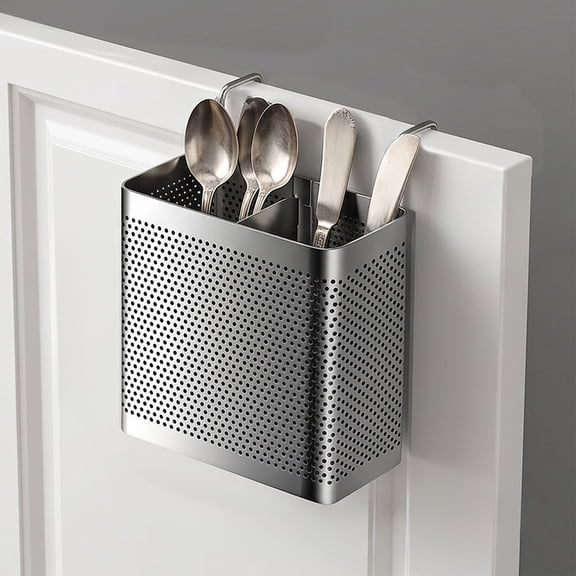 Utensil Holder, Cutlery Organizer, Stainless Steel 2-Compartment Mesh Drainage, Hanging Hooks, Dishwasher Safe, Countertop Or Sink Caddy