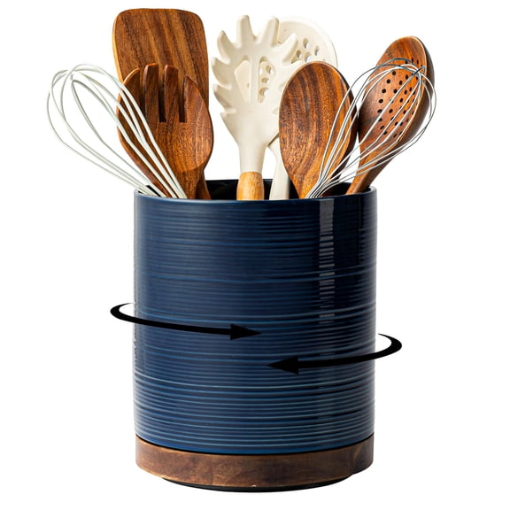 Utensil Holder  360° Rotating Extra Large Ceramic Kitchen For Countertop 7.3" Cooking Crocks Counter With Rotatable Wooden Base Farmhouse Decor Dark Blue