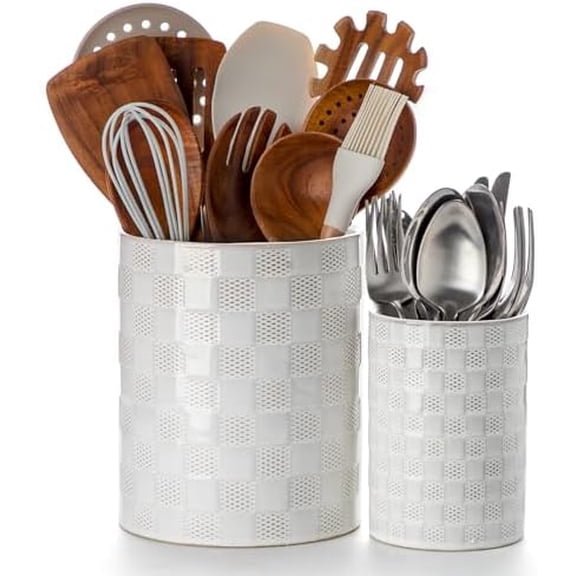 Utensil Holder, Extra Large Ceramic Utensil Crock for Kitchen Counter, Stable Spatula & Flatware Organizer, Farmhouse Embossed Kitchen Decor, Set of 2 (Checkered)