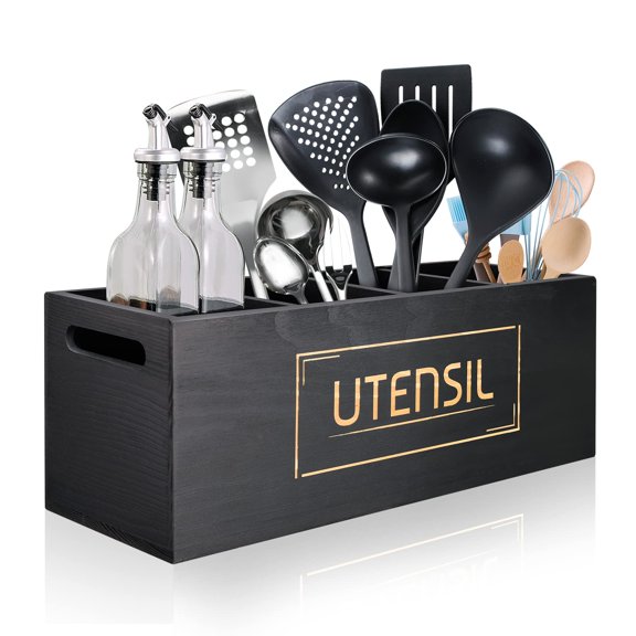 Utensil Holder Extra Large Utensil Organizer with 4 Wooden Rustic Utensil Crocks for Kitchen Counter, Farmhouse Cooking Utensil Caddy Countertop Spatula Silverware Spoon Holder - Black Y101