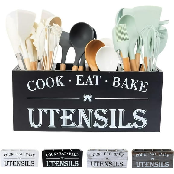Utensil Holder,Extra Large Wooden Utensil Holder For Kitchen Counter,Cooking Spatula Organizer,Big Storage Caddy With 4 Compartments Flatware Spoon Tool Cutlery（Black）