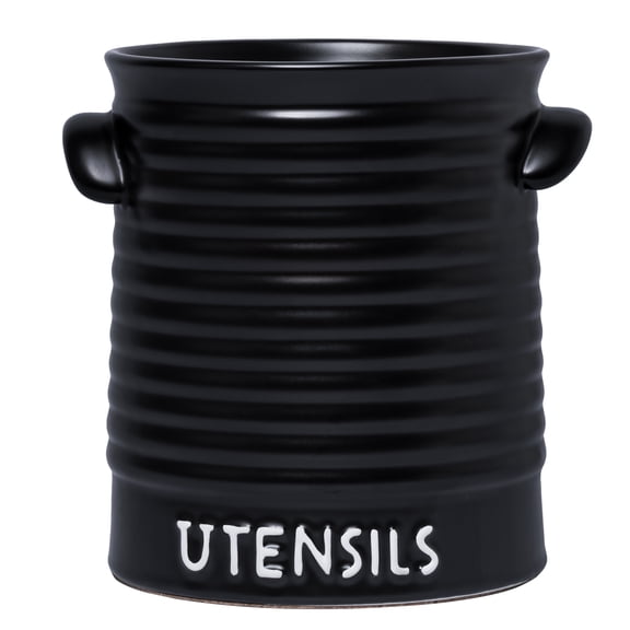 Utensil Holder for Kitchen Counter, 6.4" Ceramic Utensil Crock with Cork Mat for Countertop, Modern Farmhouse Cooking Organizer for Spatula, Spoon, Kitchen Decor, Matte Black