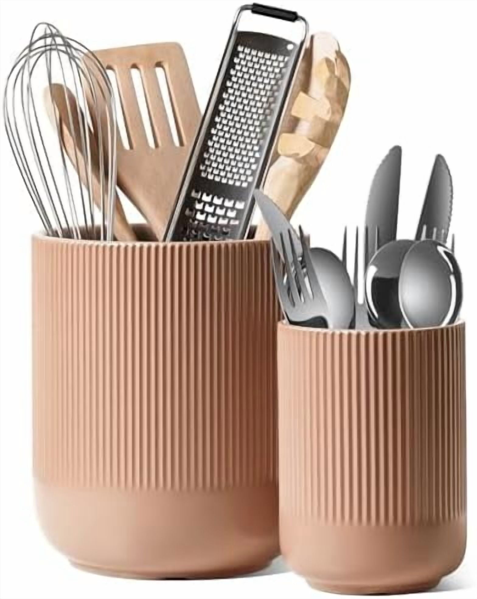 Utensil Holder for Kitchen Counter, 7.3"+5.4" Fluted Ceramic Utensil Crock Organizer for Countertop, Heavy Large Holder for Spatulas, Spoons, Set of 2, Dusty Coral