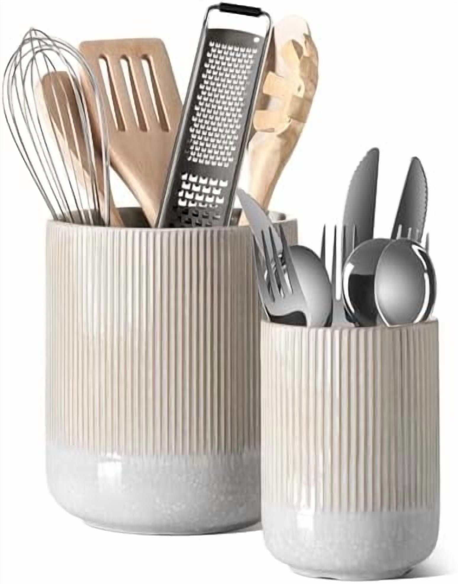 Utensil Holder for Kitchen Counter, 7.3"+5.4" Fluted Ceramic Utensil Crock Organizer for Countertop, Heavy Large Holder for Spatulas, Spoons, Set of 2, Gray Marble