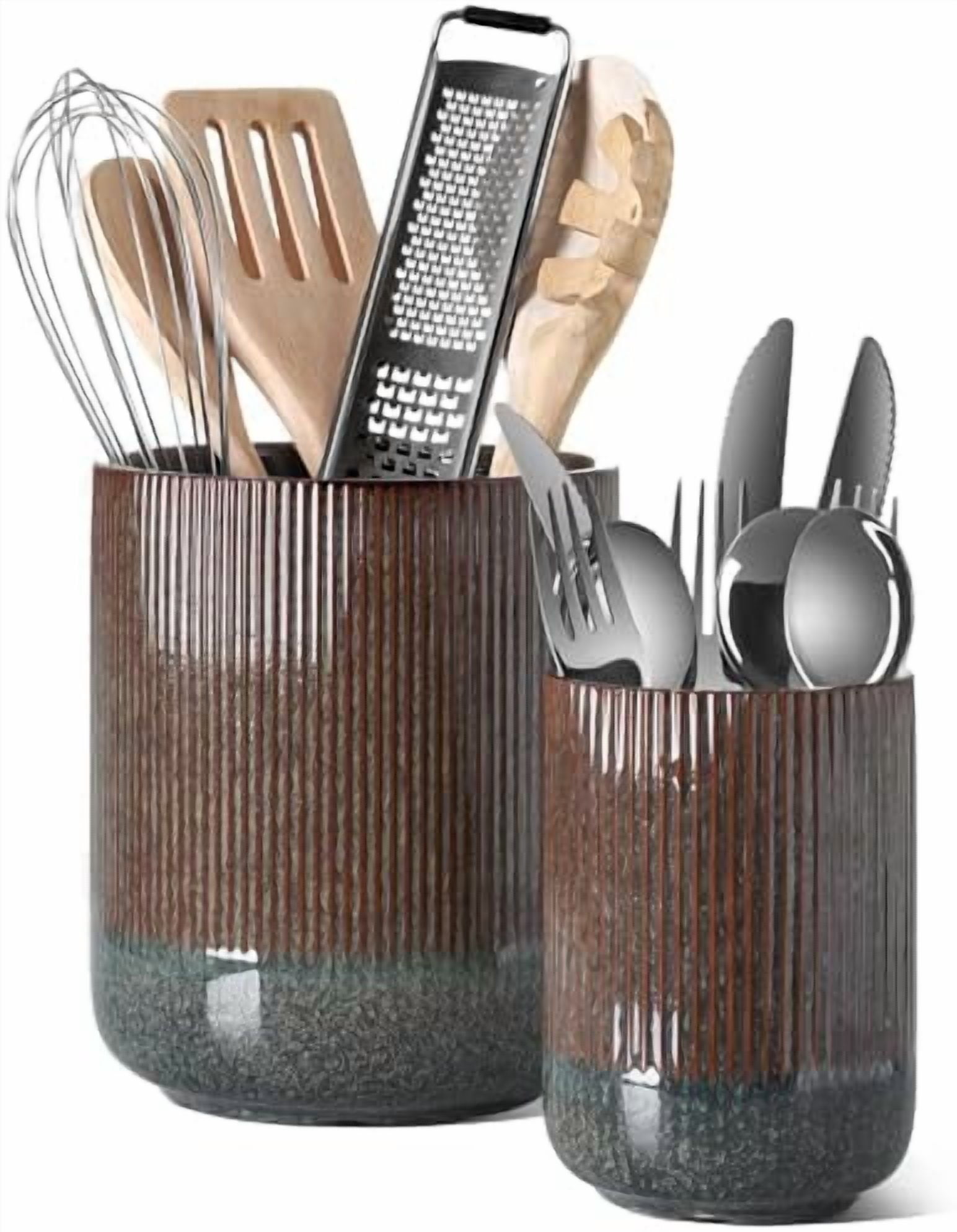 Utensil Holder for Kitchen Counter, 7.3"+5.4" Fluted Ceramic Utensil Crock Organizer for Countertop, Heavy Large Holder for Spatulas, Spoons, Set of 2, Olive Brown Marble