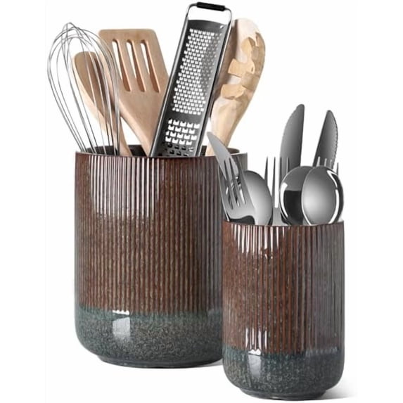 Utensil Holder for Kitchen Counter, 7.3"+5.4" Fluted Ceramic Utensil Crock Organizer for Countertop, Heavy Large Holder for Spatulas, Spoons, Set of 2, Olive Brown Marble