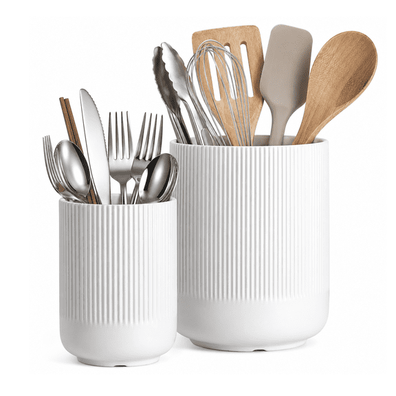 Utensil Holder for Kitchen Counter, 7.3" + 5.4" Ceramic Utensil Holder Set of 2, Fluted Utensil Crock for Spatulas and Spoons, White Countertop Organizer
