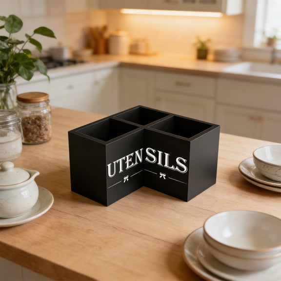 Utensil Holder for Kitchen Counter, Corner Kitchen Utensil Holder for Countertop with 3 Compartments, Wooden Cooking Utensil Organizer for Spatula Storage, Black