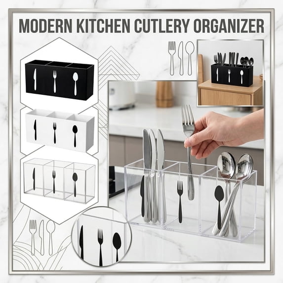 Utensil Holder for Kitchen Counter | White Plastic Utensil Caddy | Divided Kitchen Utensil Organizer for Cutlery, Knives and Spoons | Kitchen Counter Organizer for Countertop,