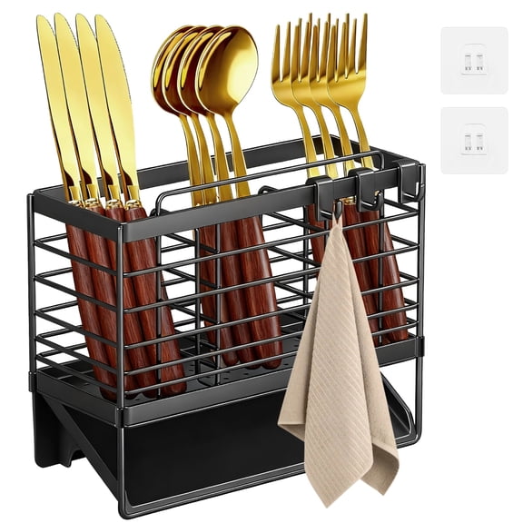 Utensil Holder, Metal Kitchen Chopsticks Holder with 3 Compartments, Wall Mounted Utensil Drying Rack, Matte Black Cutlery Organizer with 3 Hooks, 6.2 x 7.9 in