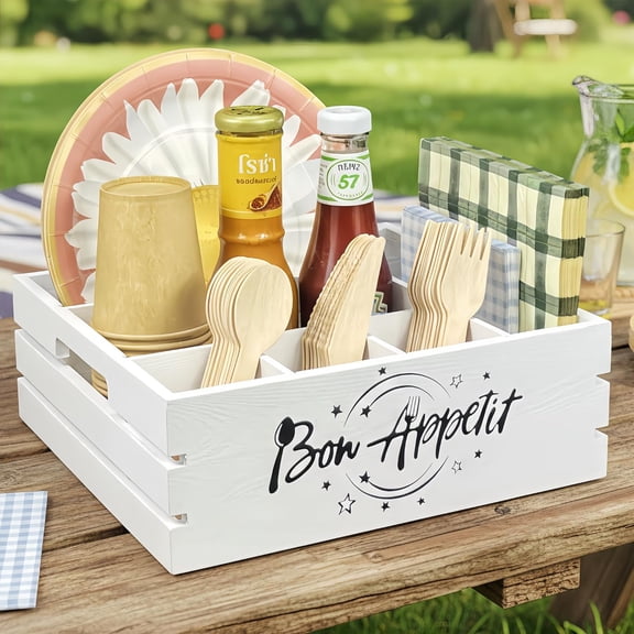 Utensil Holder for Party Farmhouse Crate Look - White Napkin Paper Plate Dispenser for Countertop - Silverware Caddy for Plate, Cup, Fork, Spoon - Flatware Box Organizer for Outdoor Camping Picnic