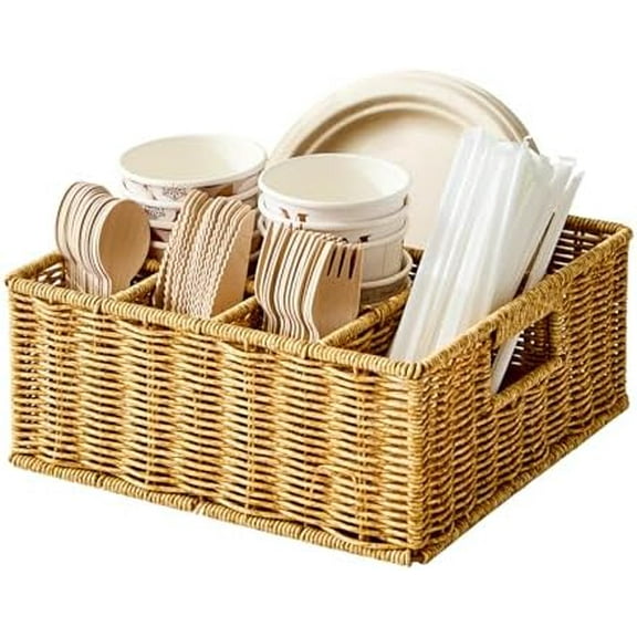 Utensil Holder for Party, Paper Plate Dispenser for Countertop, Silverware Caddy for Picnic, Cutlery Holder for Kitchen Camping Buffet, Wicker Basket with 6 Compartments$$Home Decor, Kitchen, & Other