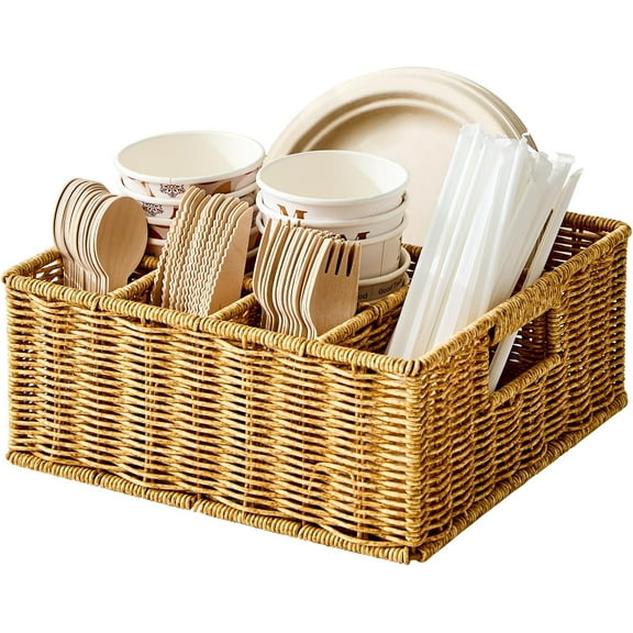 Utensil Holder for Party, Paper Plate Dispenser for Countertop, Silverware Caddy for Picnic, Cutlery Holder for Kitchen Camping Buffet, Wicker Basket with 6 Compartments