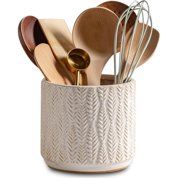 Utensil Holder Rustic Farmhouse Ceramic Utensil Crock for Countertop 5.3-Inch Handcrafted Kitchen Cooking Utensil Crocks with Cork Base Kitchen Decor Utensil Caddy(Pure White)