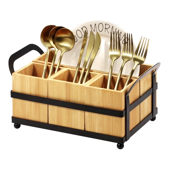 Utensil Holder Silverware Drawer Organizer Bamboo Vintage Compartmental Wood Utensil Organizer Holder with Double Handle for Kitchen Office Living Room
