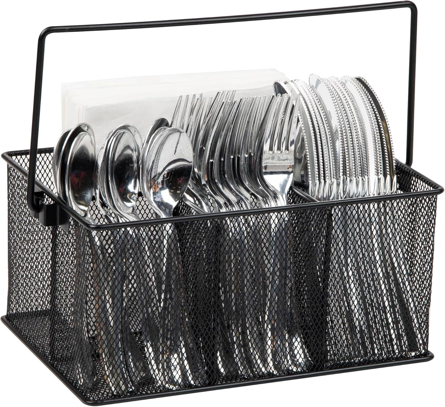 Utensil Holder, Silverware Organizer, Caddy, Cutlery Holder, Kitchen, Metal Mesh, 10"L x 7"W x 4.75"H, Black