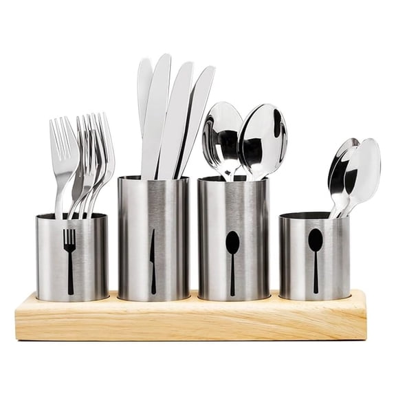 Utensil Holder - Stainless Steel Cutlery Organizer with Bamboo Base, Silverware Caddy for Kitchen, Dining, Parties & Camping