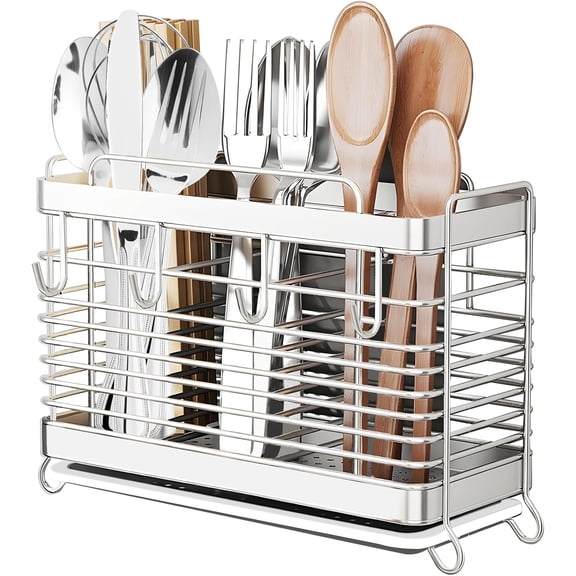 Utensil Holder, Stainless Steel Utensil Drying Rack with Drain Tray, Kitchen Counter Drainer Basket Silverware Cutlery Flatware Holder Forks, Knives, Spoons, Chopsticks Organizer (Silver)