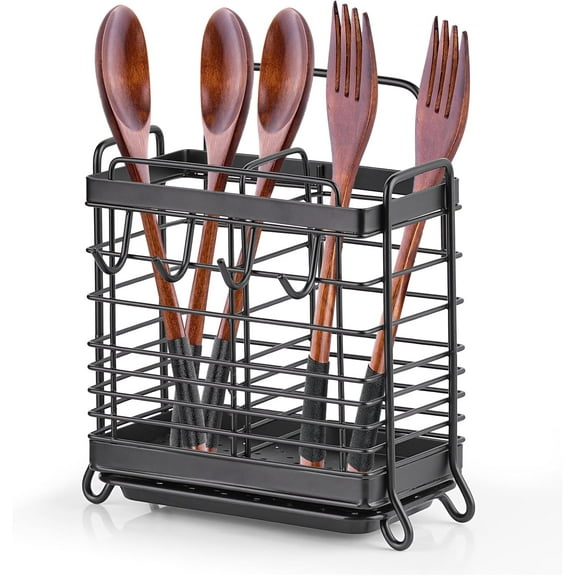 Utensil Holder, Stainless Steel Utensil Drying Rack with Drain Tray, Kitchen Counter Drainer Basket Silverware Cutlery Flatware Holder Forks, Knives, Spoons, Chopsticks Organizer (Black)