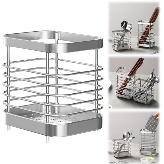 Utensil Holder,Stainless Steel Utensil Drying Rack for Kitchen Counter,Silverware Cutlery Flatware Holder Forks,Knives,Spoons,Chopsticks Organizer（Small,Silver)
