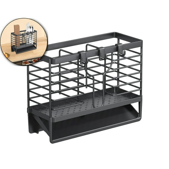 Utensil Holder, Stainless Steel Utensil Drying Rack with Plastic Automatic Drain Tray for Kitchen Counter, Compact Silverware Cutlery Drainer Basket for Spoons, Forks, Knifes