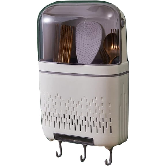 Utensil Holder, Waterproof Compartmental Storage Cutlery Drainer with Cover, Wall Mount Utensil Rack Detachable Kitchen Hanging Chopstick Container, 11.8 x 7.5 x 3.3in(Moonlight White)