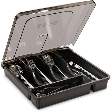 Utensil Holder for Countertop with Lid, Plastic Silverware Tray for Drawer, 5 Compartments, Flatware Organizer, Tableware Storage