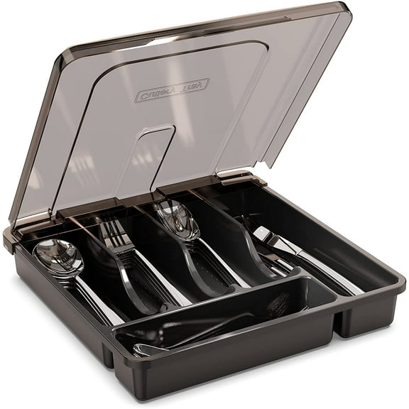Utensil Holder for Countertop with Lid, Plastic Silverware Tray for Drawer, 5 Compartments, Flatware Organizer, Tableware Storage