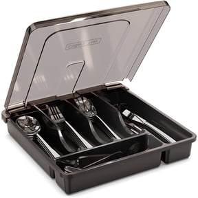 Utensil Holder for Countertop with Lid, Plastic Silverware Tray for Drawer, 5 Compartments, Flatware Organizer, Tableware Storage