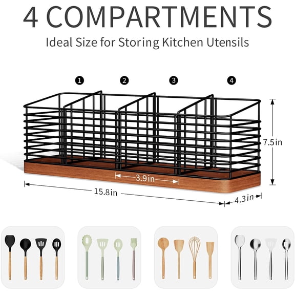 Utensil Holder for Kitchen Counter with 4 Compartments, Matte Black Metal with Wooden Base Organizer for Spatula Utensil Crock Caddy