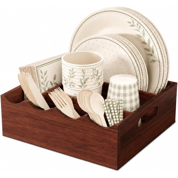 Utensil Holder for Party - 6 Compartment Paper Plate & Silverware Caddy with Handle for Kitchen Countertop