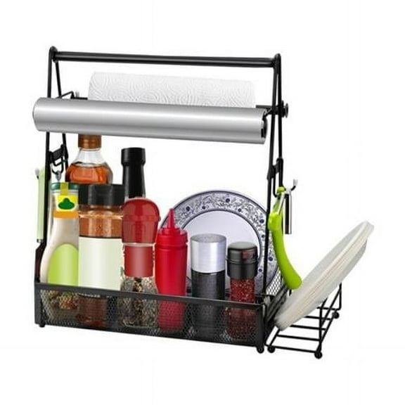Utensil Metal Grill Caddy with Paper Towel Utensil Holder for Outdoor Picnic Barbecue Camping Grilling Tools Storage Organizer Barbecue, Black - Unisex