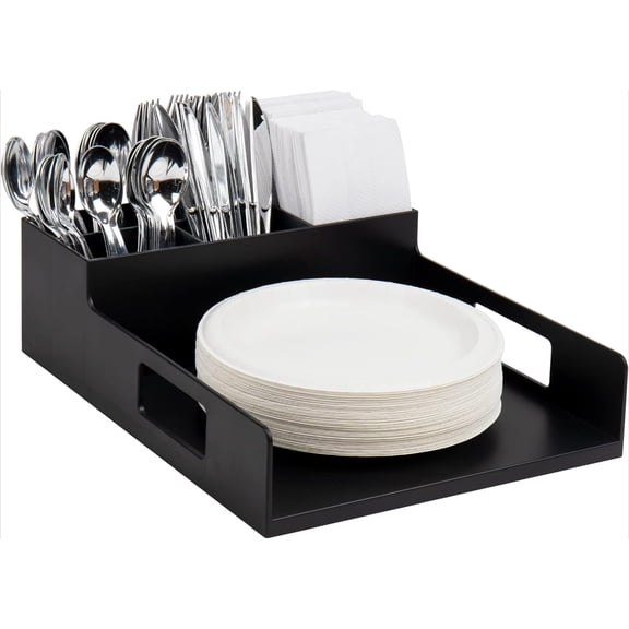 Utensil Napkin and Plate Organizer Tray, Countertop Caddy with 7 Compartments, Holds Plates up to 10.5 Inches