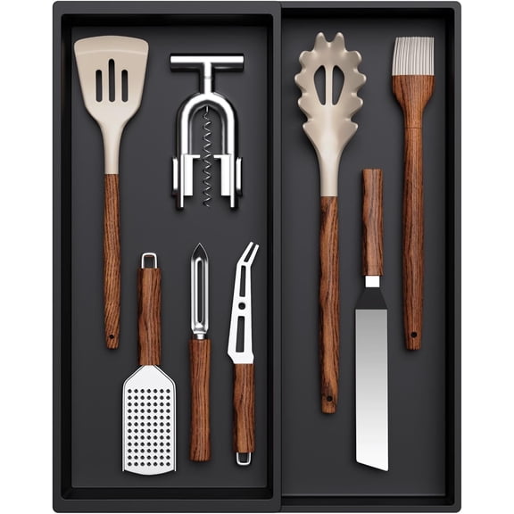 Utensil Organizer for Kitchen Drawer, Expandable Cooking Silverware Tray, Adjustable Cutlery Flatware Holder, Plastic Spatula Tools Storage Divider, 12.9 x 16.1", Black