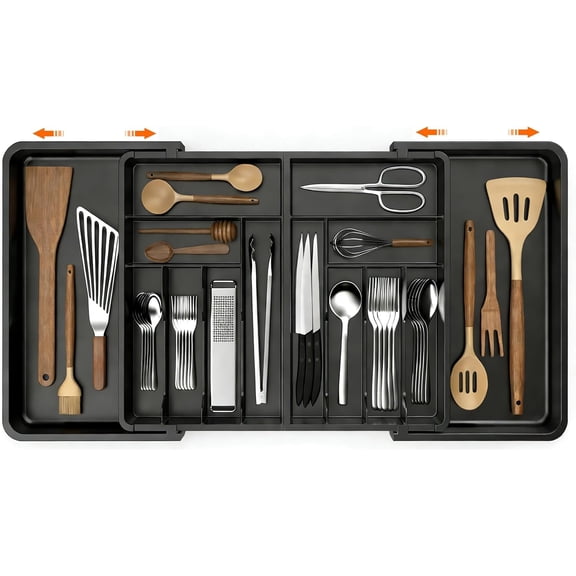 Utensil Organizer for Kitchen Drawer, Expandable Cooking Silverware Tray,Large Silverware Drawer OrganizerPlastic Spatula Tools Storage Divider, 21.6-38", Black