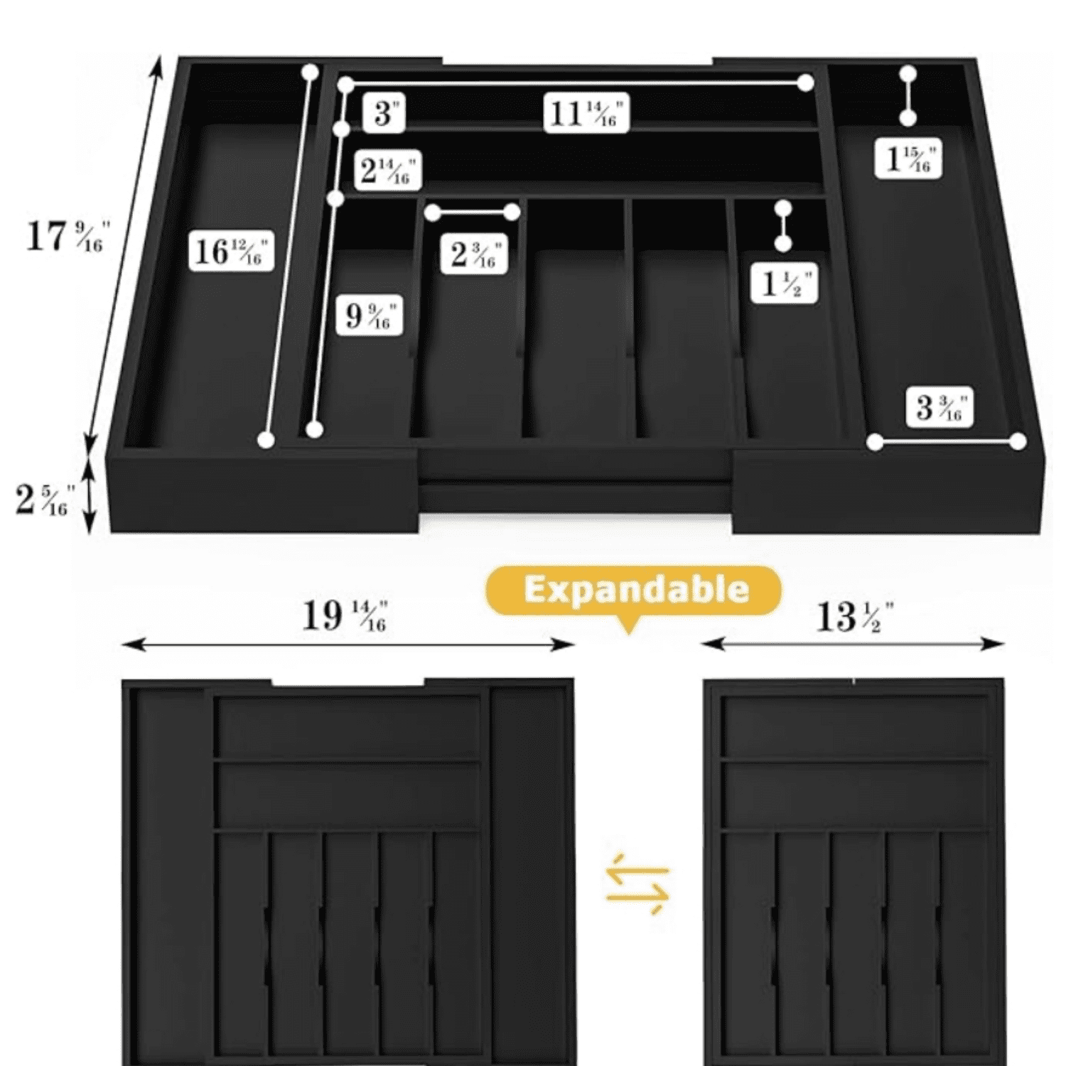 Utensil Organizer Silverware Drawer Organizer - Bamboo Expandable Cutlery Tray with Dividers for Utensil Holder Office Storage Makeup Desk Drawer Tool Organization W13.5"-19.5" x L17.5" x H2.5"(Black
