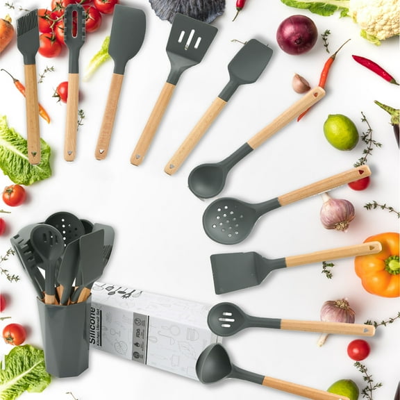 Utensil Set Kitchen Utensils 11 Pcs Kitchen Utensils Sets with Holder, Kitchen Utensils Gadgets, Grey Kitchen Accessories, BPA-Free, Kitchen Utensil Spatula Set Heat Resistant Kitchen, Gray