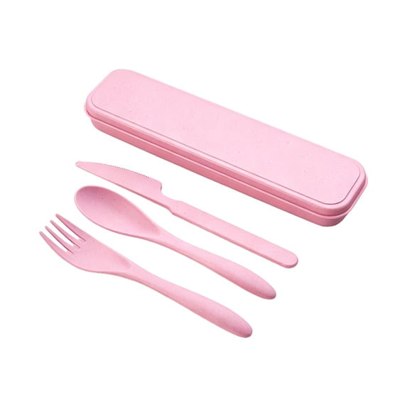Utensil Set, Reusable Utensils Set with Case, Fork and Spoon Set, Travel Cutlery Set, Pink Wheat Straw Model Fork Spoon 3-Piece Combo with 1 Travel Case, -Safe Lightweight
