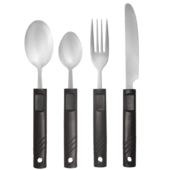 Rehabilitation Advantage 4-Piece Mirror Polished Stainless Steel Flatware Sets with Black Plastic Plastic Handles