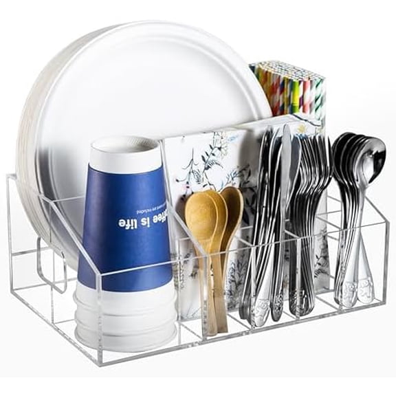 Utensil Silverware Caddy for Party Acrylic Paper Plate Dispenser Holders Countertop Organizer Buffet Caddy for Plastic Plates Napkins Cup Flatware Cutlery Hosting Entertaining Essentials for Picnic