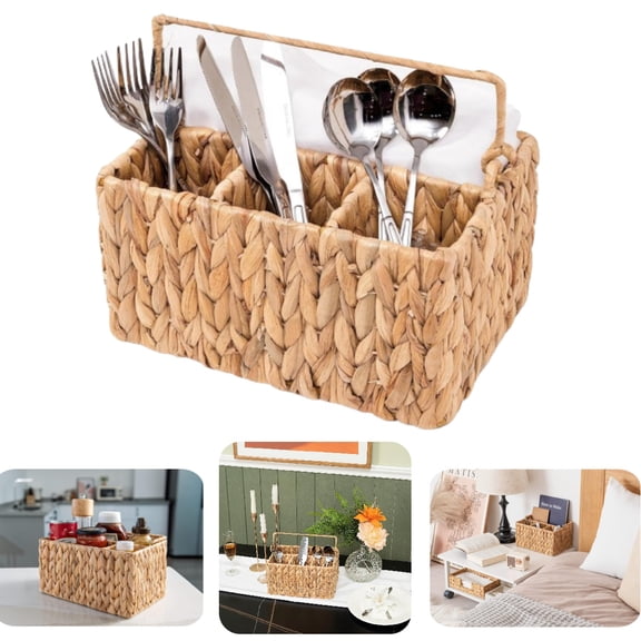 Utensils Holder, Woven Divided Utensil Caddy, Utensils Organizer, Tabletop Decor Storage Tray with Handle, Wicker Flatware Storage Basket for Kitchen Table, Cabinet,10 x 7.9 x 5.9 inches