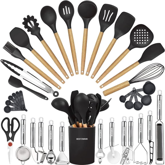 Kitchen Utensils Set- 35 PCs Cooking Utensils Made of Heat Resistant Food Grade Silicone and Wooden Handles Kitchen Gadgets Tools Set for Nonstick Cookware