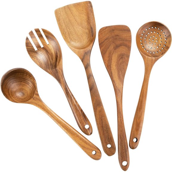 Utensils Set for Cooking, Teak Wooden Utensils Set Spatula for Nonstick Cookware Kitchen Utensils Set 5