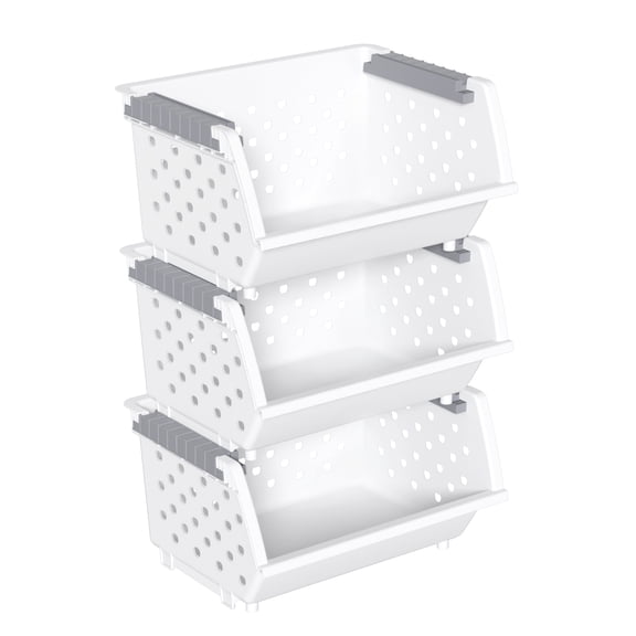 Utiao 3 Packs Plastic Stackable Kitchen Storage Baskets, Stacking Organizer Basket, White
