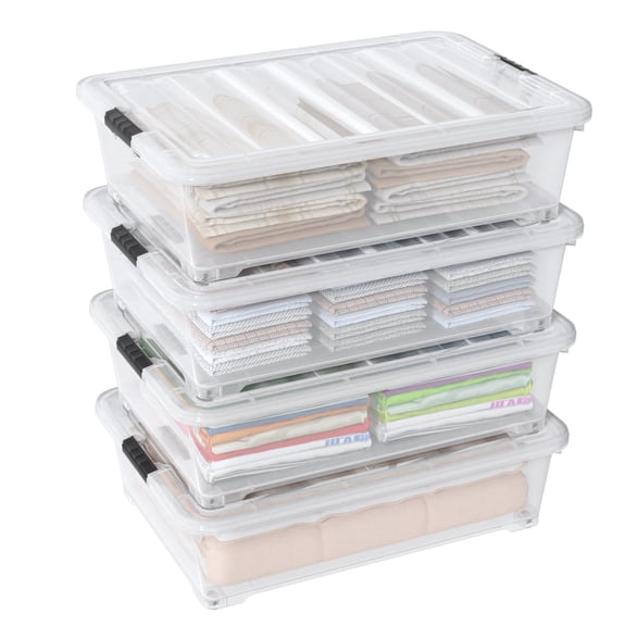 Utiao 50 Quart Clear Under Bed Storage Bins with Wheels, 4-Pack Large Plastic Underbed Storage Containers Box