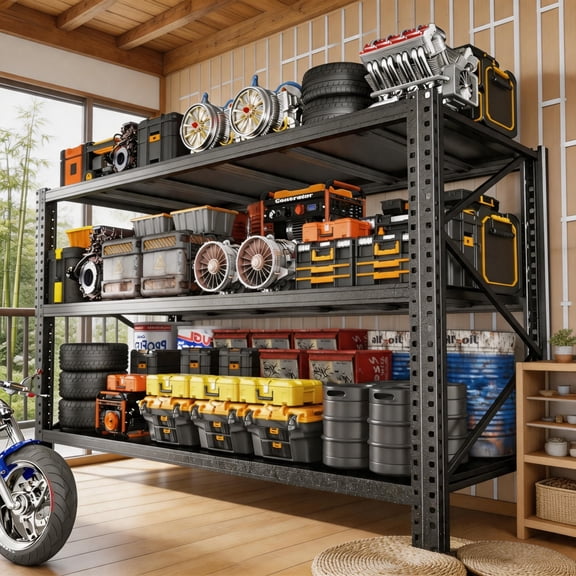 Utility 3 Tier Garage Shelving, Rust-Resistant Industrial Steel Rack, 5100 lbs Durable Storage Shelves for Hardware and Garage Supplies, Black, 67"W x 20"D x 63"H