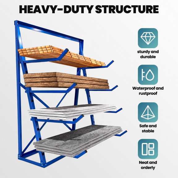 Utility Adjustable Lumber Storage Rack, 4 Tier Cantilever Rack with Rustproof Design, 1000 lbs Horizontal Storage Rack with 8 Adjustable Arms for Woodworking Shops