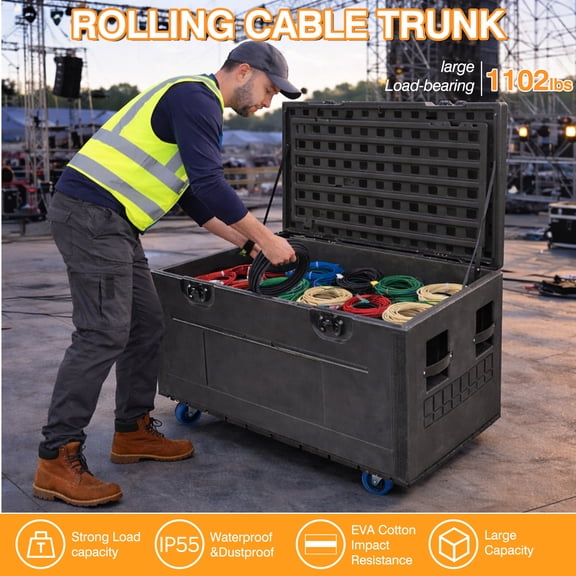 Utility Cable Trunk Road Case with Wheels,35" x 22" x 24" Heavy Duty Stackable ATA Road Case with Wheels, Professional Utility Trunk for Pro Audio, DJ Equipment, Cable Storage