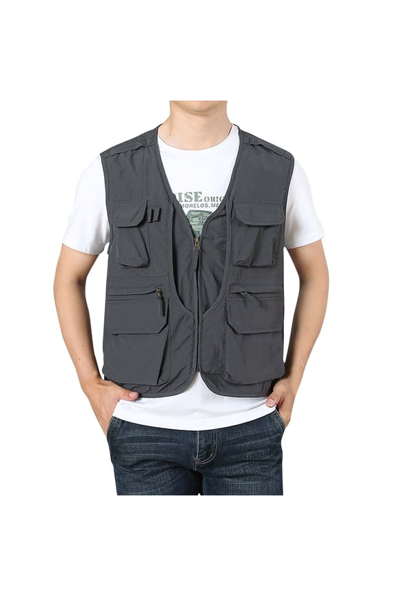 Utility Cargo Vest for Men with Multi Pockets Outdoors Work Jacket Fishing Photo Light Weight Cargo Vest (Large, Gray)
